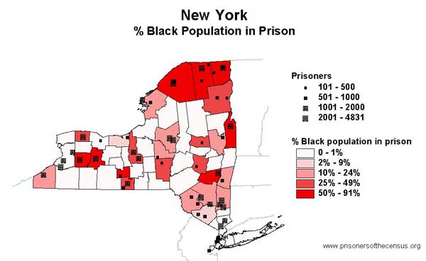 A map of New York State and its counties. Counties are colored based on the percent of their population that is in prison. The counties with highest percent of prison population are all upstate. The locations and sizes of prisons are marked.
