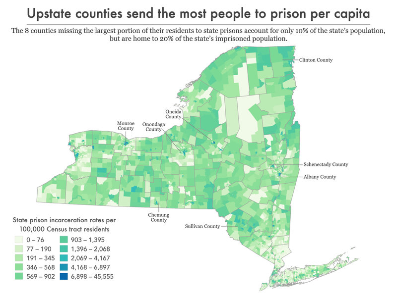 map of New York state showing incarceration rate by census tract and highlighting 8 counties with highest rates
