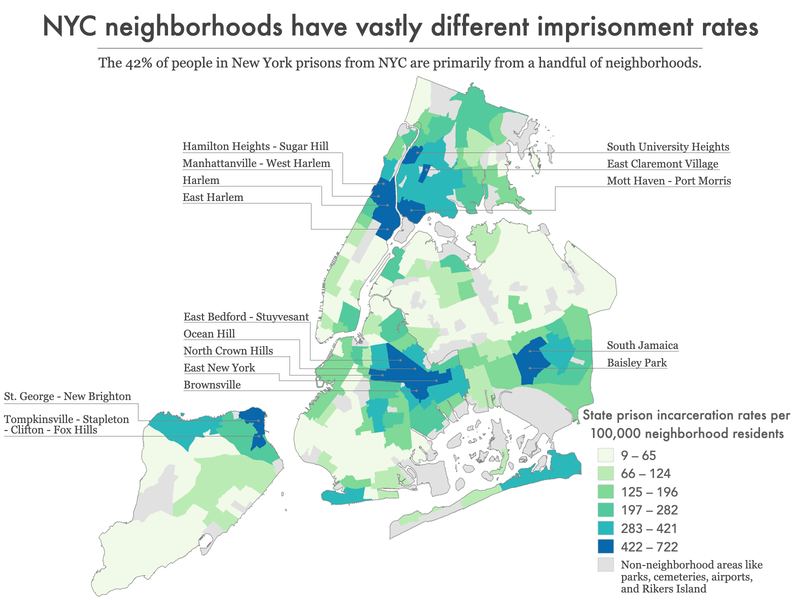 map of New York city showing incarceration rate by neighborhood
