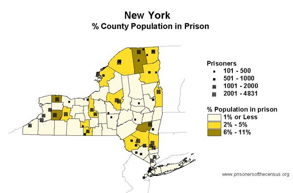 A map of New York State, with its larger prisons marked. Counties are colored based on what percent of their population is in prison.