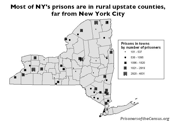 A map of New York State and its counties with prisons marked according to their size. Most of New York's prisons are upstate far from New York City.