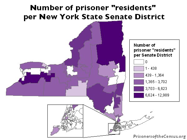 A map of New York State and its State Senate Districts, with each district colored based on how many prisoner \