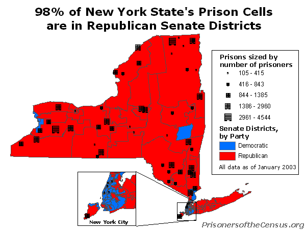 A map of New York State and its Senate districts, with a marker for each prison, showing where and how large it is.
