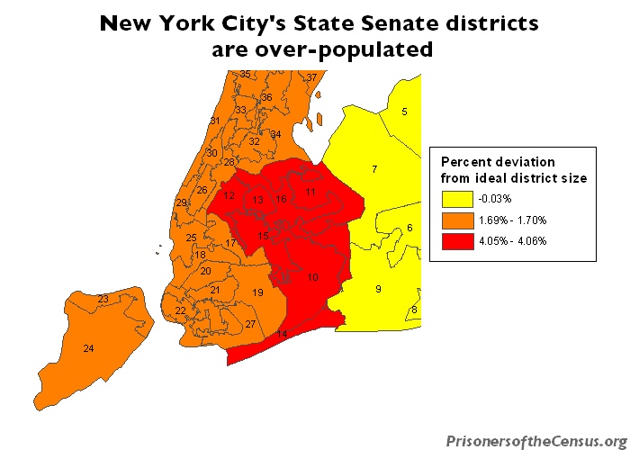 A map of New York City and its Senate districts. The Senate districts are colored based on their size compared to the ideal district size. Most are larger than the ideal.