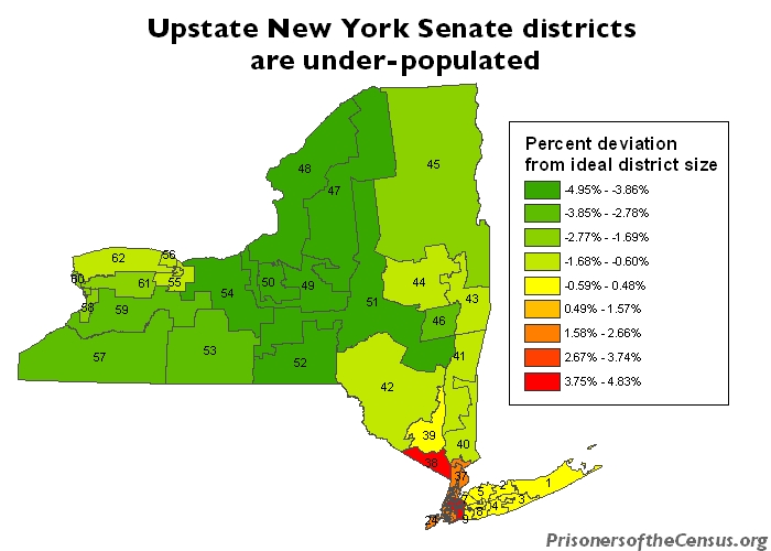 A map of New York State and its Senate Districts, with each district colored based on its deviation from the ideal district size.