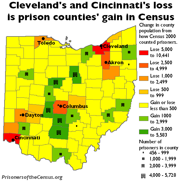 Map showing the 88 Ohio counties and the loss to each urban county and the gain to counties with prisons from the Census Bureau.