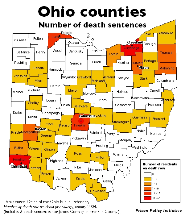 A map of Ohio and its counties, with each county colored based on how many of its residents are on death row.