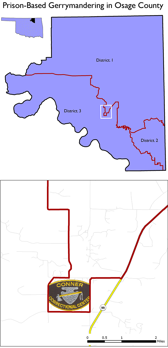Map showing how Osage County Oklahoma District 1 goes out of its way to include a large prison.
