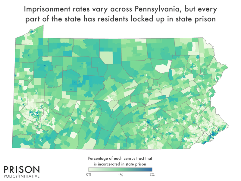map of Pennsylvania showing percent incarcerated by census tract 