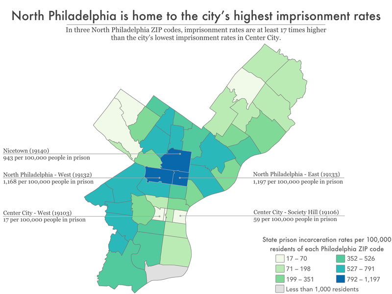 map of Philadelphia showing incarceration rate by neighborhood