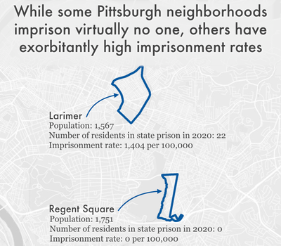 map comparing imprisonment rates in two Pittsburgh neighborhoods: Larimer and Regent Square