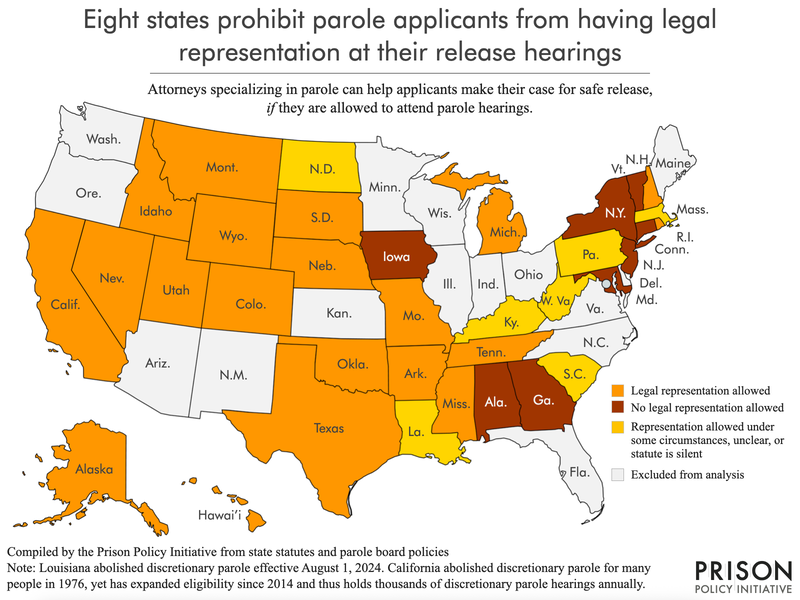 map of United States showing which states with discretionary parole systems allow parole applicants to have an attorney attend their parole hearing
