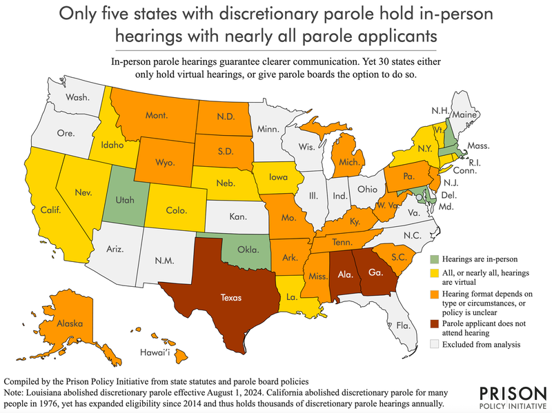 map of United States showing which states with discretionary parole systems hold hearings in-person, virtually, if the format depends on circumstances, or if the parole applicant does not have a face-to-face opportunity with the board