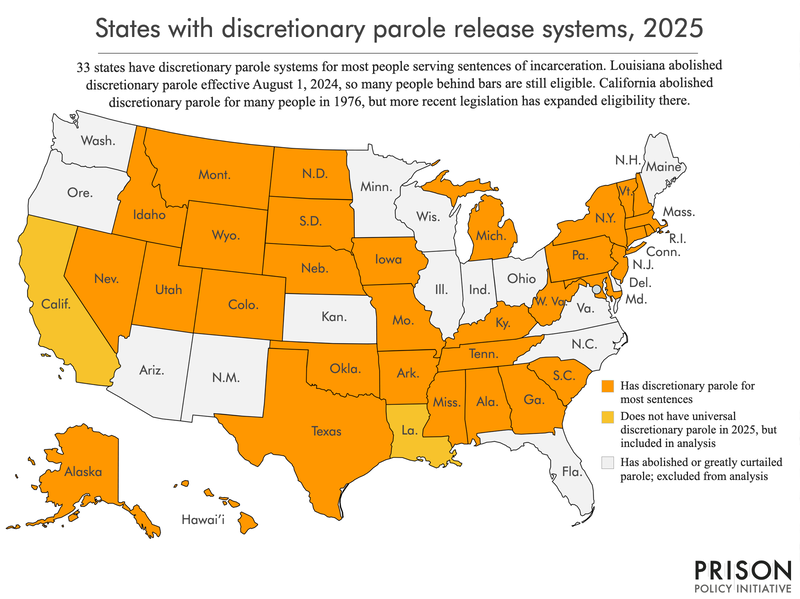 A map showing the states that have discretionary parole in the U.S.