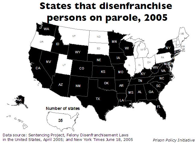 A map of the United States, with each state colored black if it disenfranchises persons on parole. Thirty-five states are colored black.