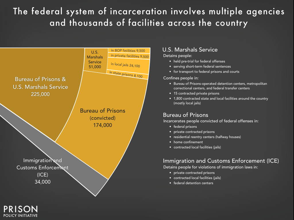 Graph showing the size and role of different parts of the federal detention system including the Bureau of Prisons, U.S. Marshals Service and Immigration and Customs Enforcement (ICE)