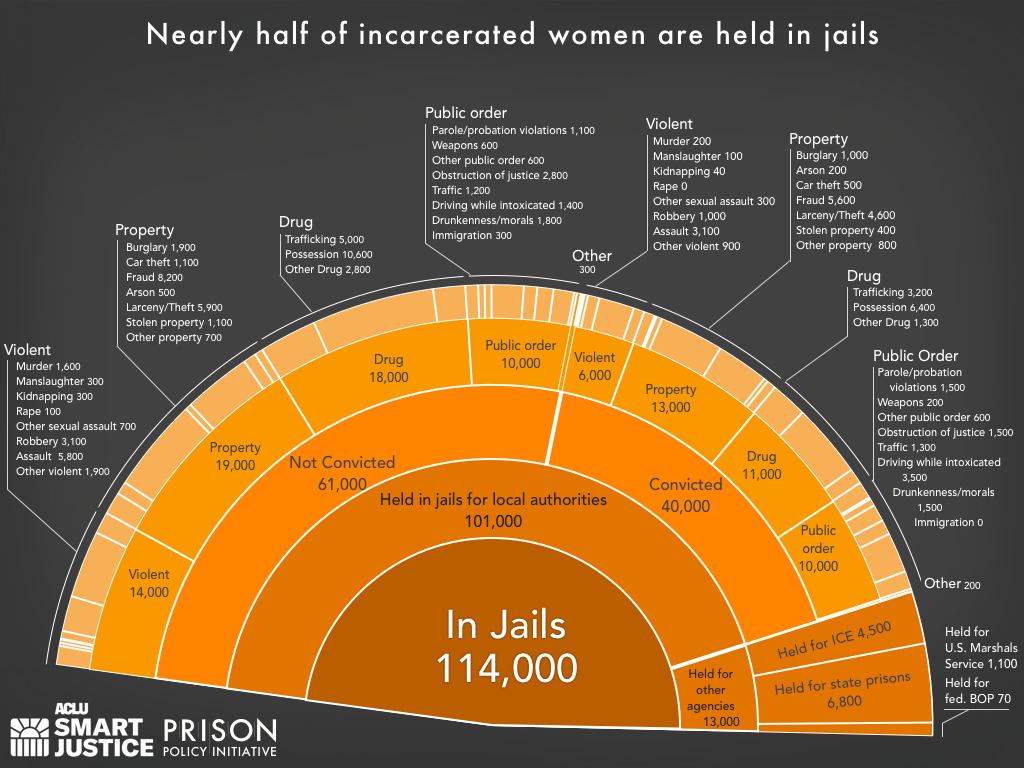 pie chart showing the number of women locked up on a given day in the United States by facility type and the underlying offense using the newest data available in 2019