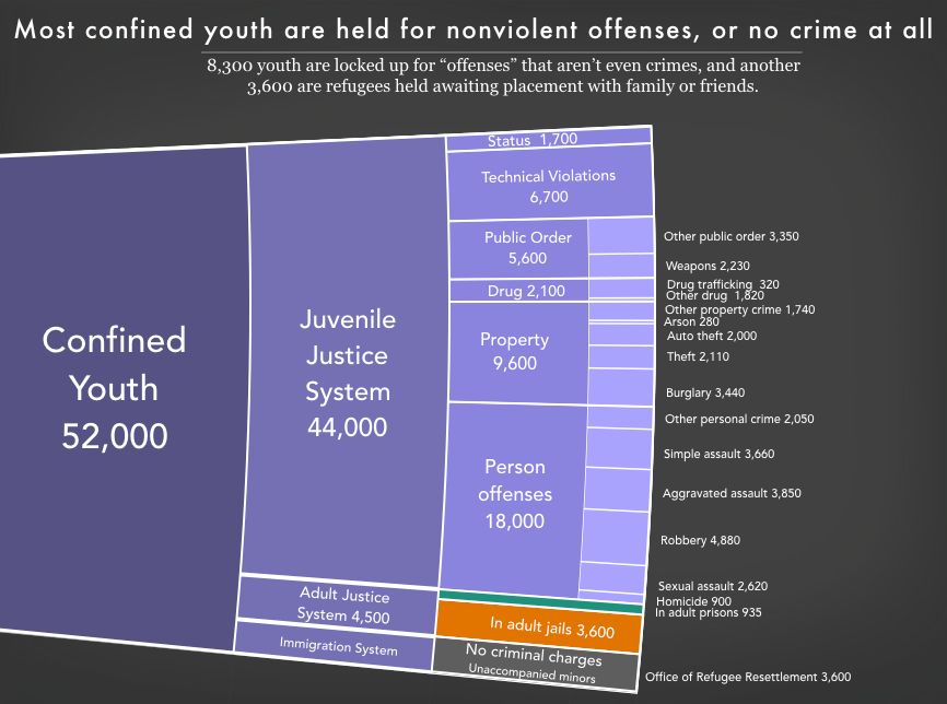 Graph showing the number of youth incarcerated in the United States by offense and whether or not they are incarcerated with adults.