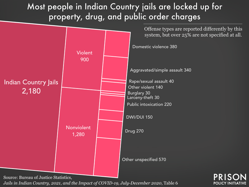 Pie chart showing the 2,180 people people locked up in Indian Country Jails and the most significant offense they are charged with. The data is as of June 30, 2021 and is the newest data available as of March 2023.