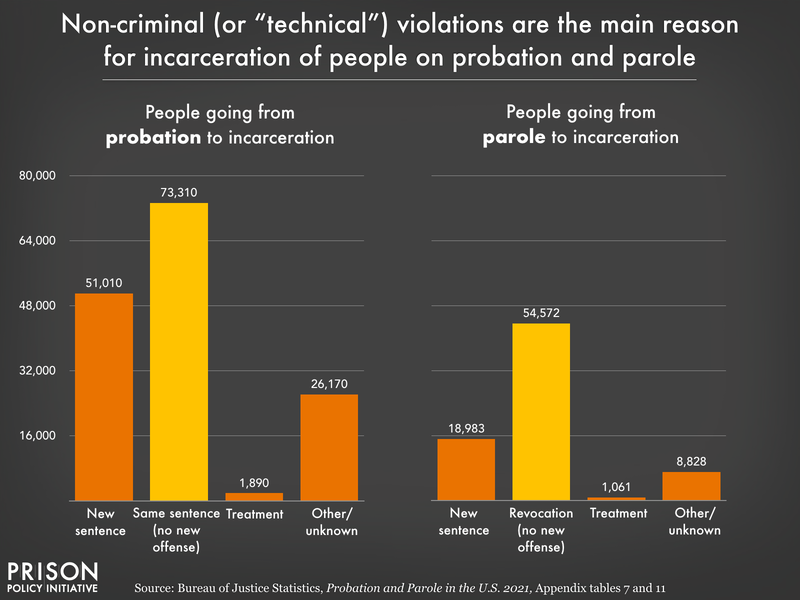 Graph showing that technical violations of the rules of both probation and parole — not new crimes — are the leading reasons people do not succeed on probation or parole.