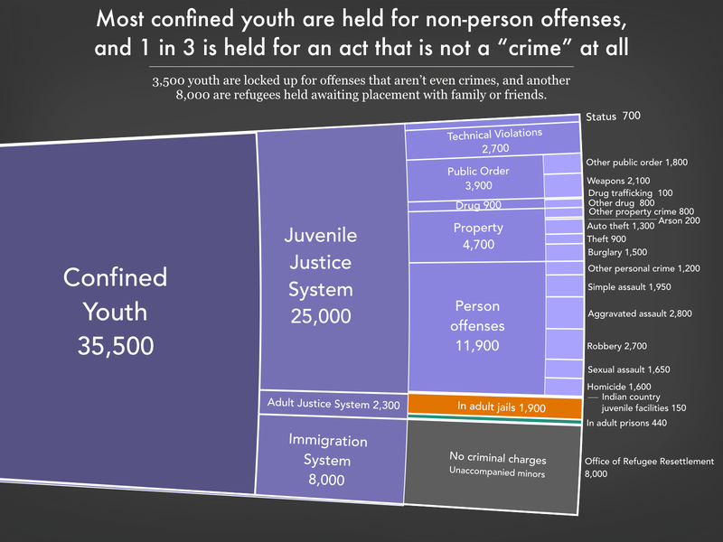 Graph showing the number of youth confined in the United States by offense and whether or not they are incarcerated with adults using the most recent data available in March 2024. There were a total of 35,500 confined youth in the United States. The juvenile justice system held 25,000; the adult prison and jail systems held 2,300; and the immigration system held 8,000.