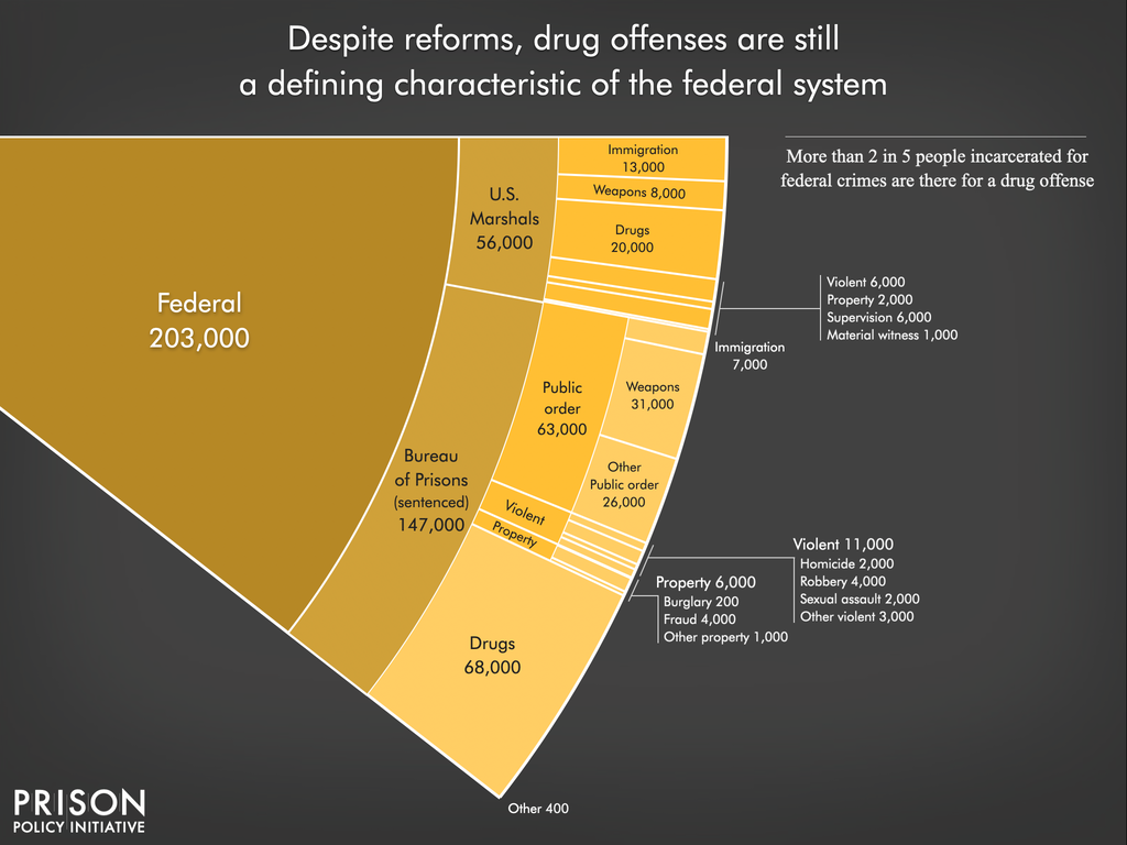 Graph showing the number of people incarcerated in federal prisons and jails by offense type. The War on Drugs is a defining characteristic of the federal prison system. Pretrial detention and public order offenses are the next largest shares.