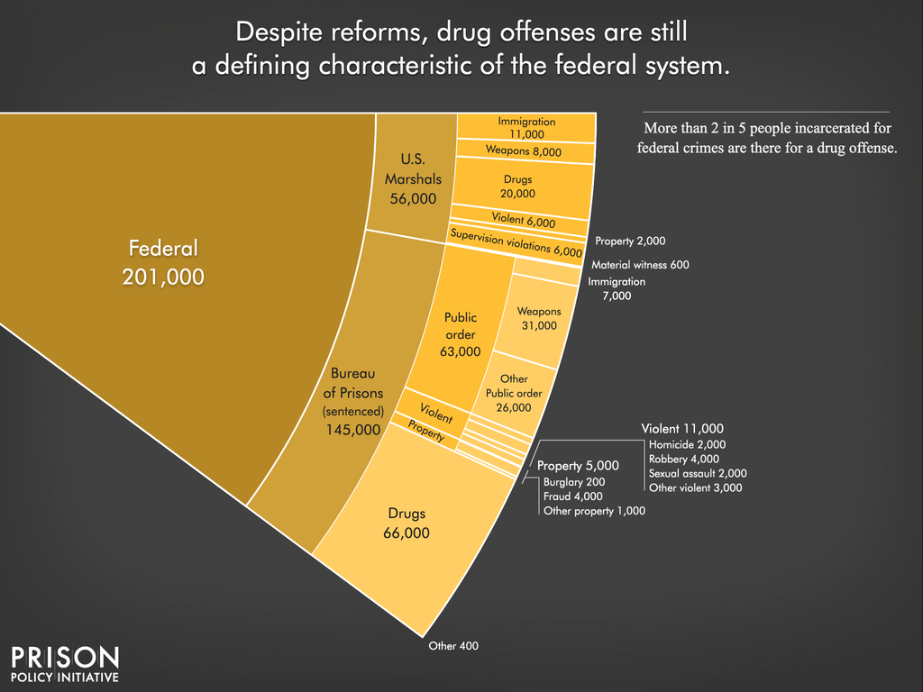 Graph showing the number of people incarcerated in federal prisons and jails by offense type. The War on Drugs is a defining characteristic of the federal prison system. Pretrial detention and public order offenses are the next largest shares.