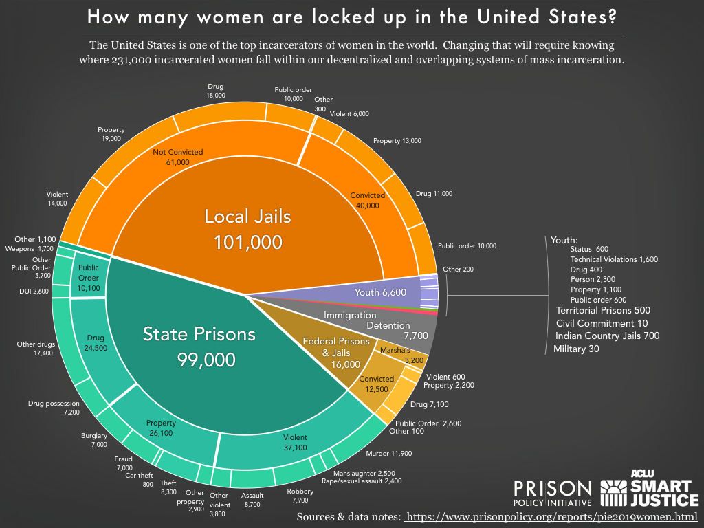 Pie chart showing the number of women locked up on a given day in the United States by facility type and the underlying offense using the newest data available in 2019.