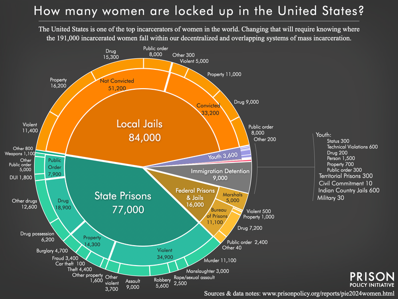 Pie chart showing the number of women locked up on a given day in the United States by facility type and the underlying offense using the newest data available in 2024.