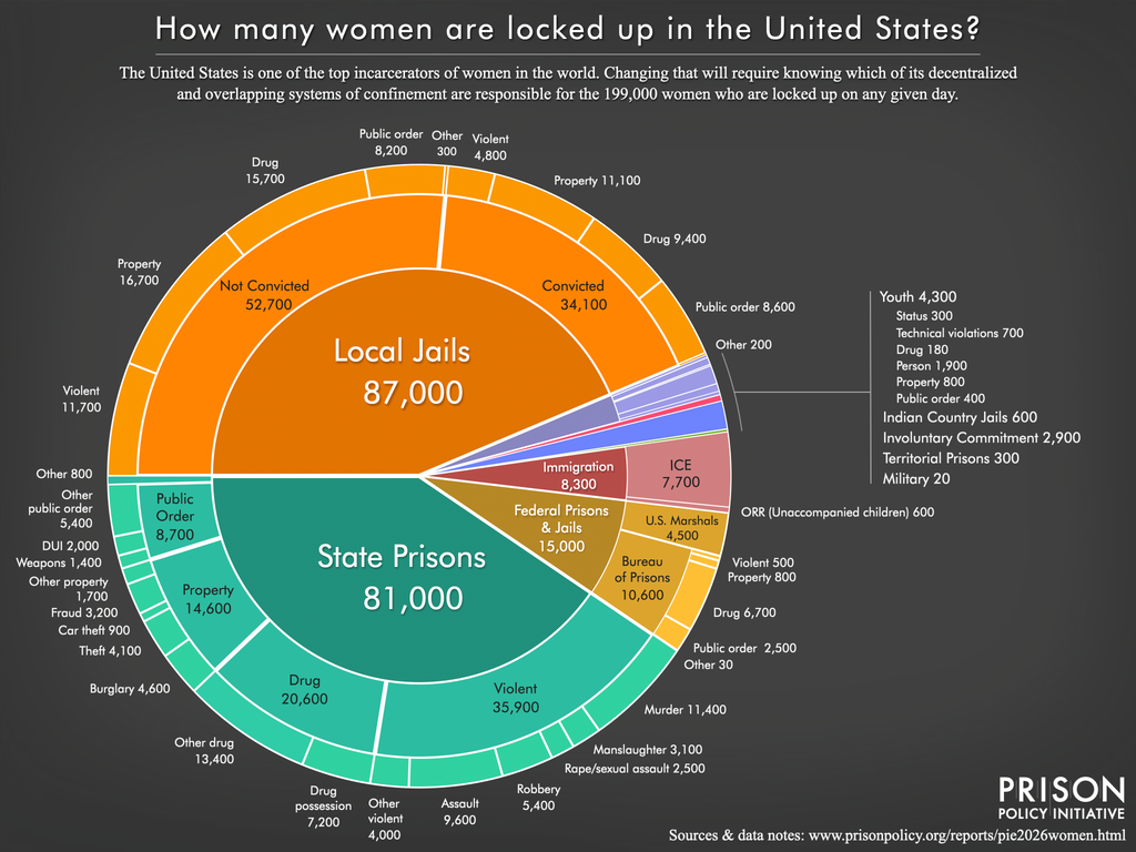 Pie chart showing how many women are locked up in the U.S., in what facilities, and for what offenses