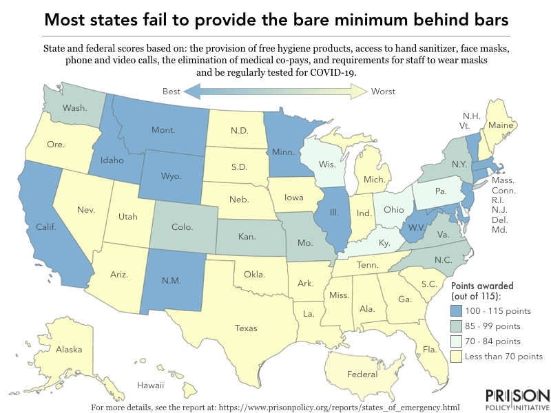 map showing the distribution in scores awarded to each state based on basic policies addressing health needs in the face of COVID-19