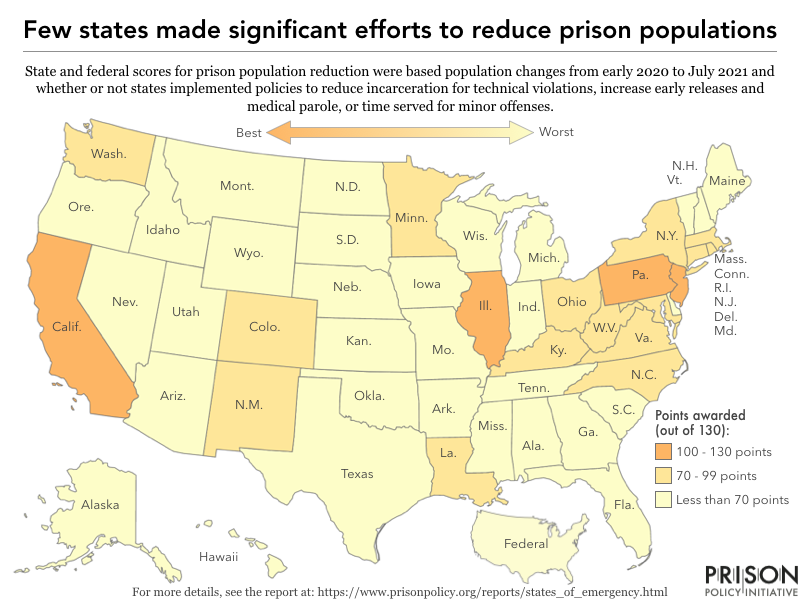 map showing the distibution in scores awarded to each state based on efforts to reduce their prison populations in the face of COVID-19