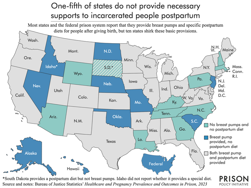 Map of the united states highlighting which prison systems fail to provide basic postpartum supports like breast pumps and specific diets