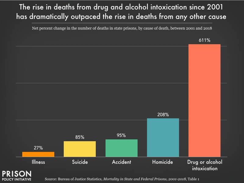 a bar chart showing deaths from drug and alcohol intoxication since 2001 has dramatically outpaced the rise in deaths from any other cause