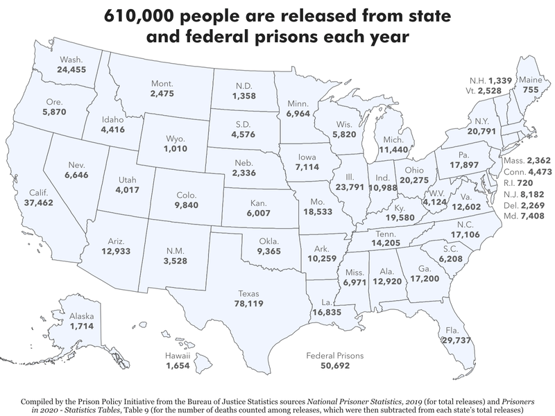map showing the number of people released from state prisons in each state in 2019