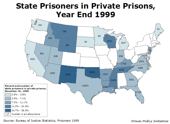 map showing the number and percentage of the state's prisoners that were in a private prison at year end 1999