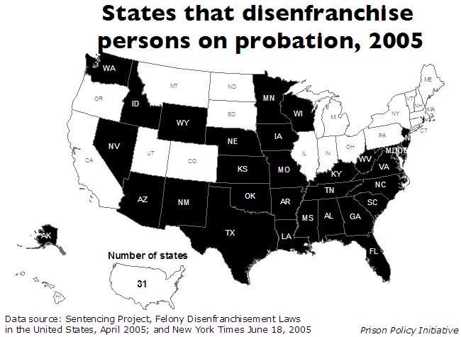 A map of the United States, with each state colored black if it disenfranchises persons on probation. Thirty-one states are colored black.