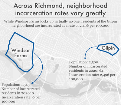 map comparing number of incarcerated residents of two neighborhoods in Richmond