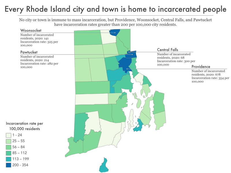 map of Rhode Island showing incarceration rate by city and town