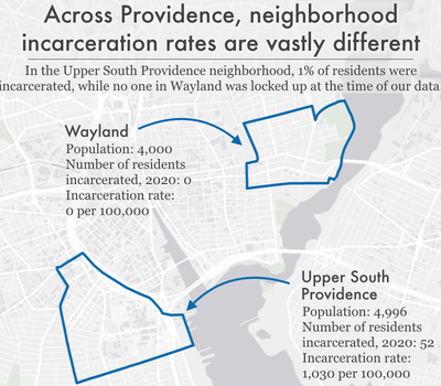 map comparing incarceration rates in two Providence neighborhoods: Wayland and Upper South Providence