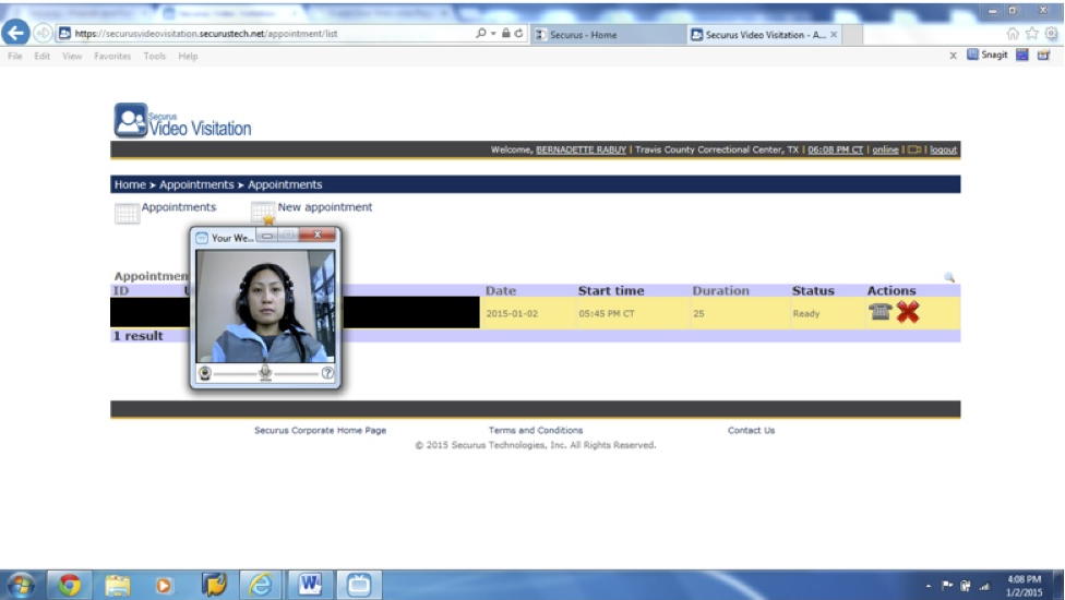Securus video visit screen shoot