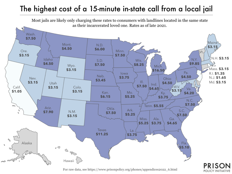 Map showing the most expensive in-state calling rate from a local jail, by state