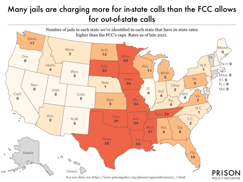 Map showing how many jails in every state charge more for in-state calls than the FCC allows for out-of-state calls