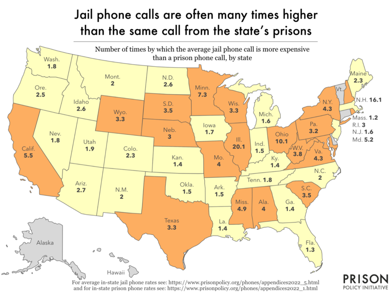 Map showing how much more expensive a phone call from a local jail is compared to a phone call from a state prison, by state