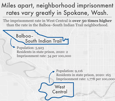 map comparing imprisonment rates in two Spokane, Washington neighborhoods: Balboa-South Indian Trail and West Central