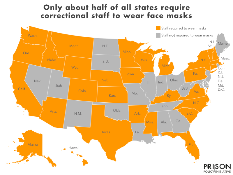 Map showing which states are requiring correctional staff to wear face masks.