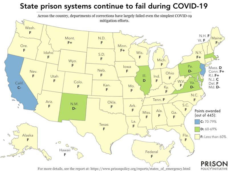 map of U.S. states showing failing grades in response to COVID-19 in prisons