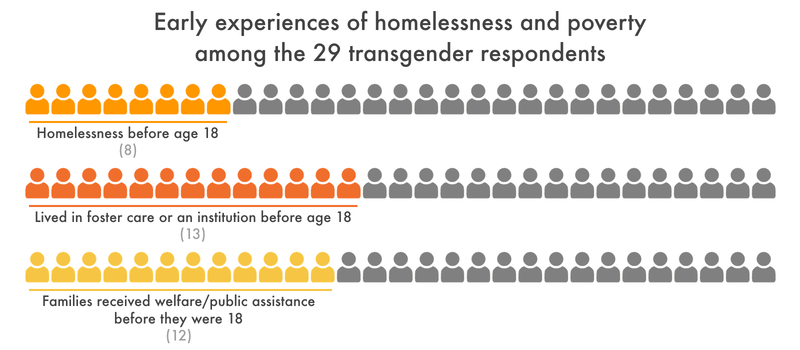 chart showing many of the 29 trans respondents were homeless, lived in foster care, or received public assistance as youth