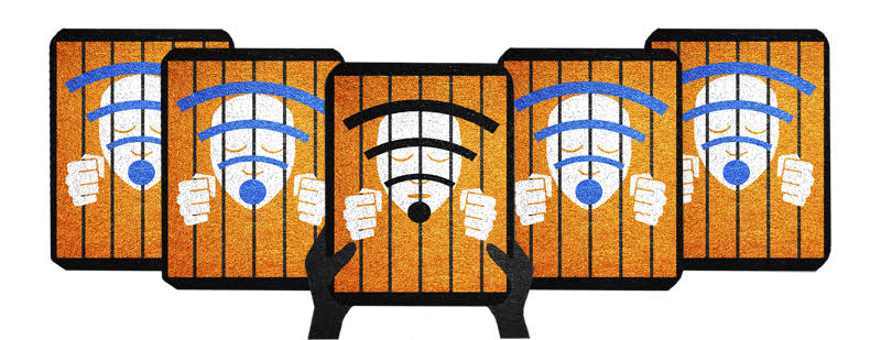 Illustration depicting faces behind bars within tablet screens