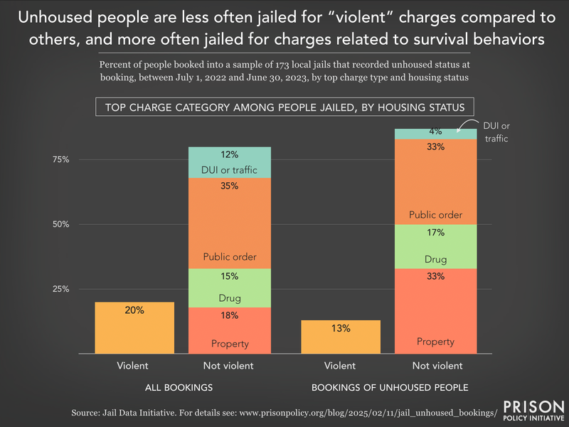 bar chart showing that unhoused people account for 4.5% of jail bookings, but 20% of bookings with trespassing top charges